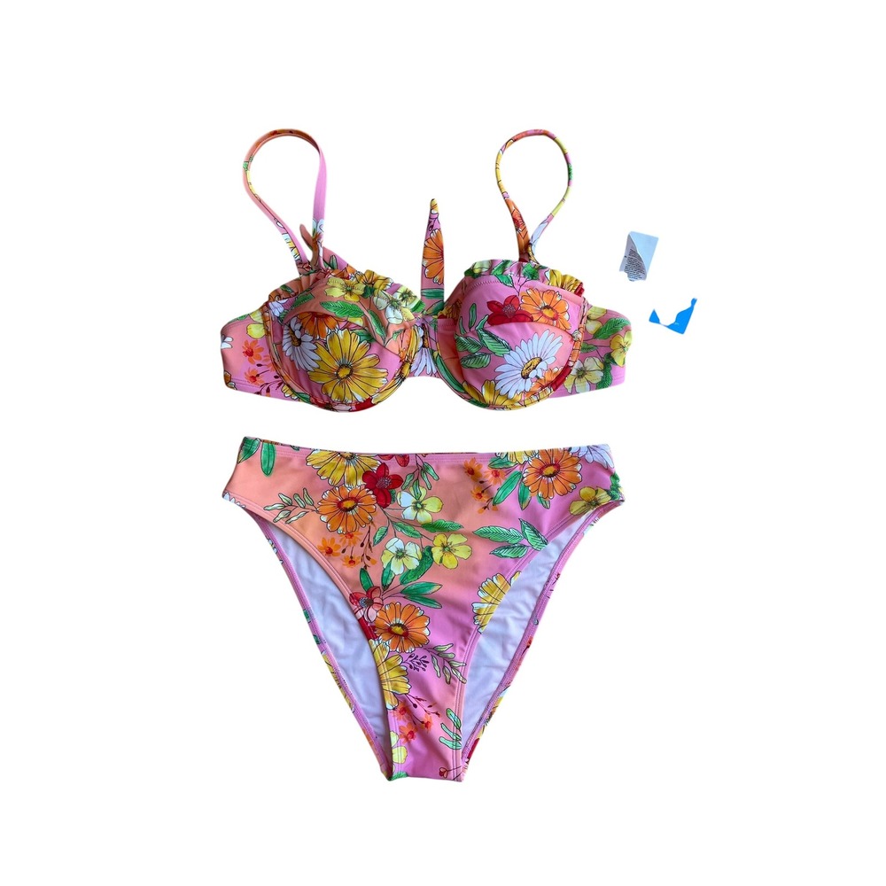 Cupshe Pink Orange Floral Underwire Ruffle Bikini Set High Waisted Medium NWT